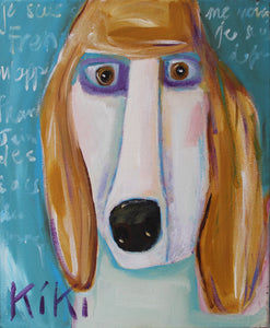 Dog portrait. Poodle painting. Poodle on canvas. Humanised animals. Fun, colourful art. Irish art. Irish artist, Kiki Roosli. Female artist. Feminist artitst. French parisien poodle with French attitude. Kiki Roosli, Wateford artist