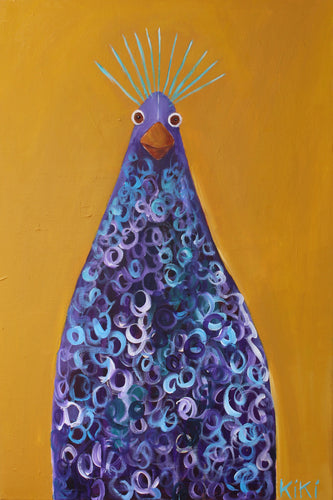 Painting of a peacock. Peacock on canvas. Irish female artist. Irish artist, Kiki Roosli. Well know Irish artist. Irish painter. Purple peacock. Bright bird paintings. Stylised art. Our Lady. Hen paintings. Funky animal art. Quirky paintings. Waterford artist.